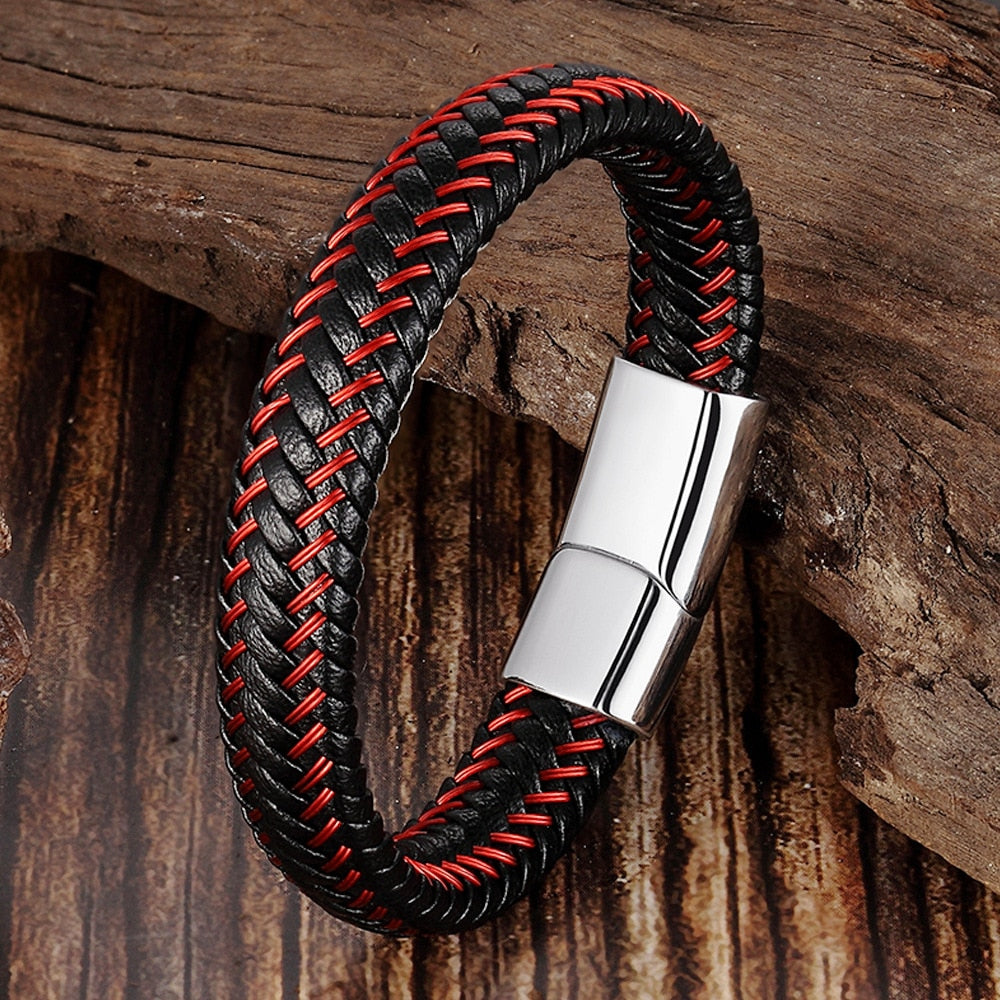 Pulseira Leather Black n Red 0 Blueen Store Prata 17cm