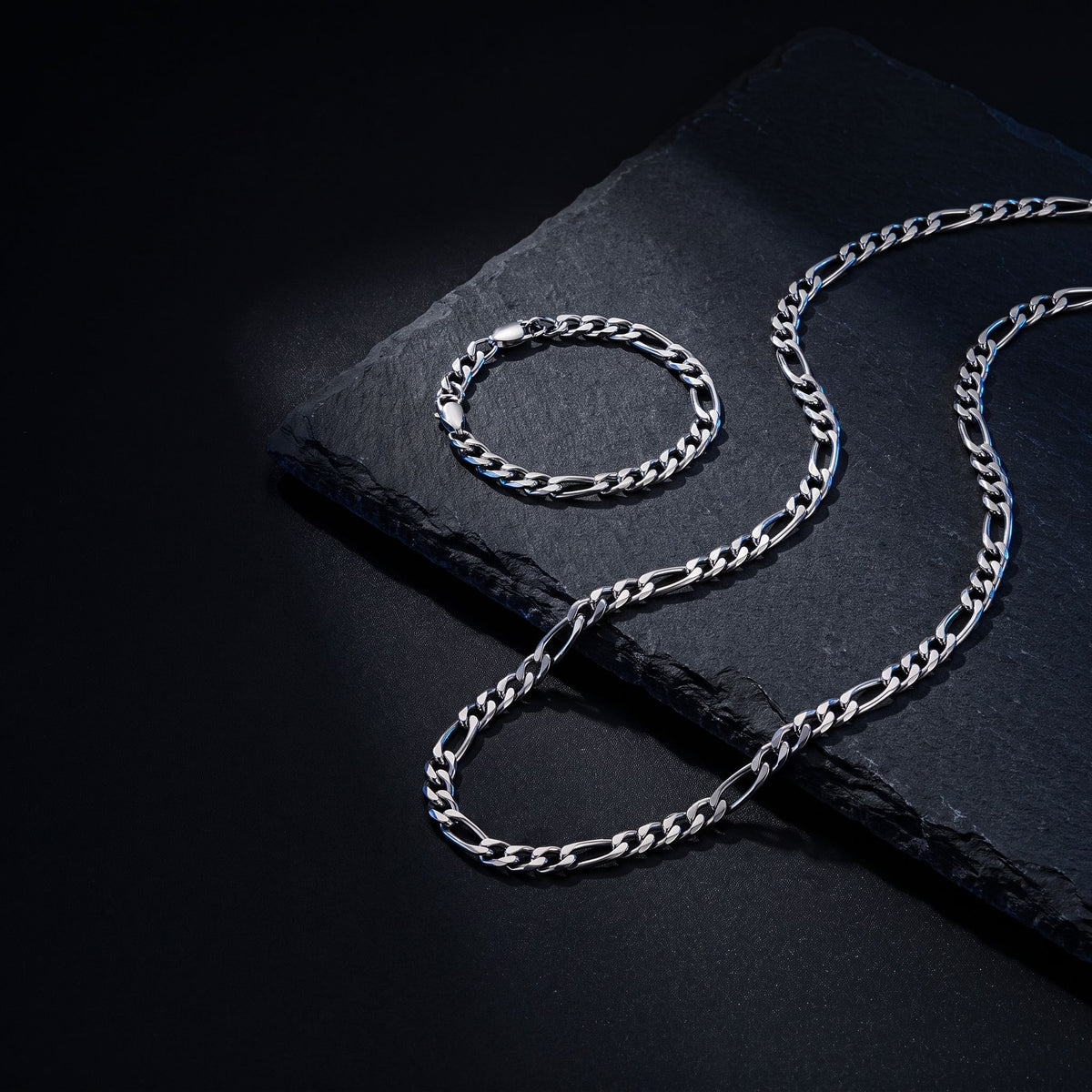 Kit Fígaro de Aço Prata (Corrente + Pulseira) COLAR + PULSEIRA 04 Blueen Store 