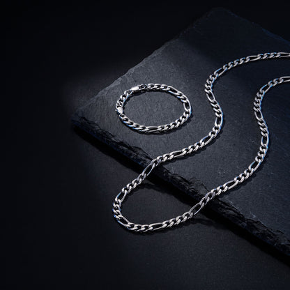 Kit Fígaro de Aço Prata (Corrente + Pulseira) COLAR + PULSEIRA 04 Blueen Store 
