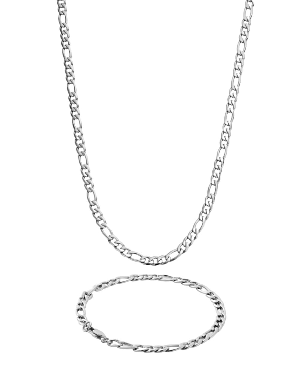 Kit Fígaro de Aço Prata (Corrente + Pulseira) COLAR + PULSEIRA 04 Blueen Store 