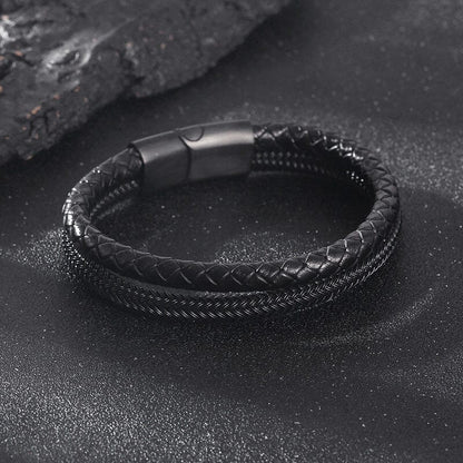 Pulseira Couro + Costura de Aço PULSEIRA 58 Blueen Store Preto 19cm 