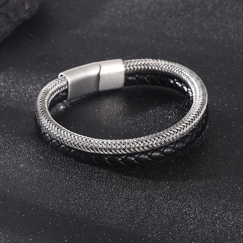 Pulseira Couro + Costura de Aço PULSEIRA 58 Blueen Store Preto com Prateado 19cm 