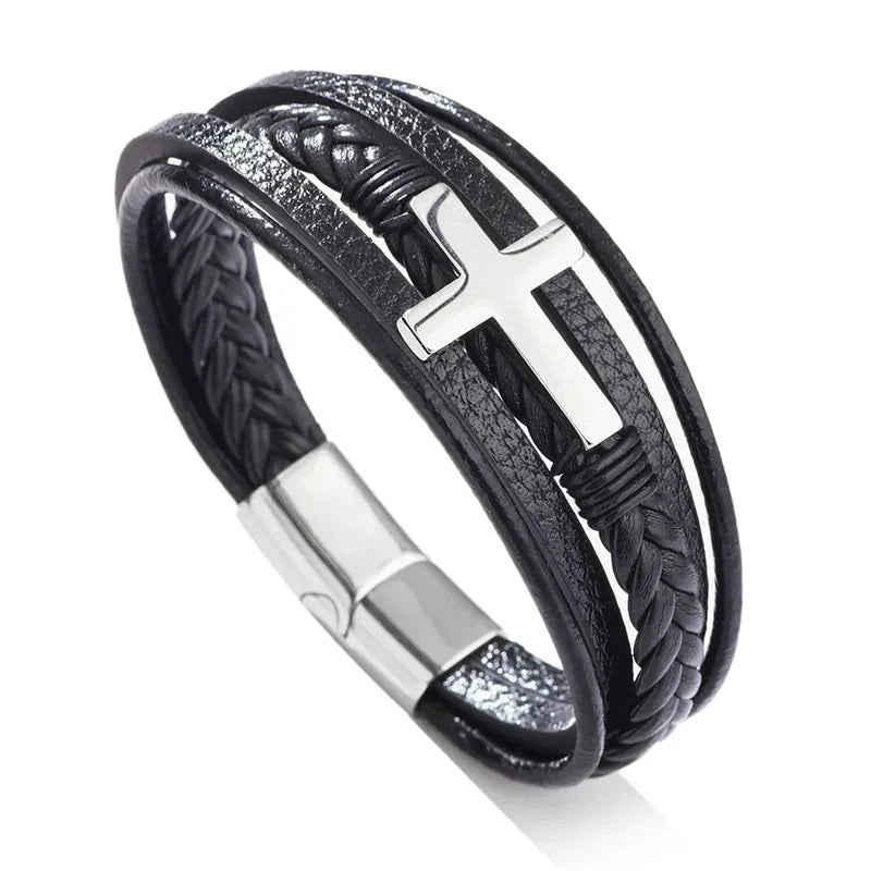 Pulseira de Couro Cruz PULSEIRA 78 Blueen Store Prata 18.5cm 