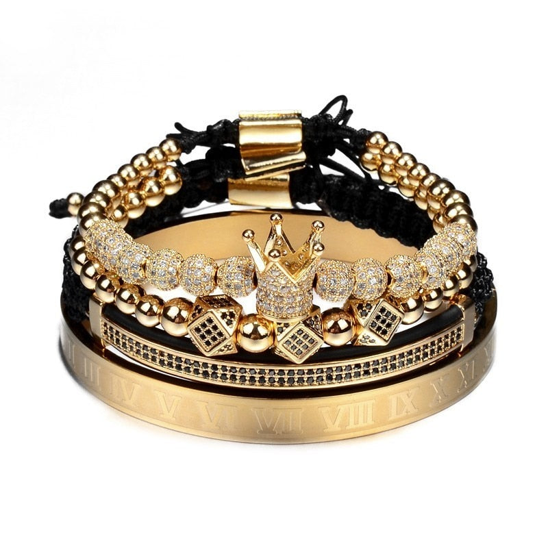 Hot Sale Classical Handmade Braiding Bracelet Gold Hip Hop Men Pave CZ Zircon Crown Roman Numeral Bracelet Luxury Jewelry 0 Blueen Store Gold set-6DR 