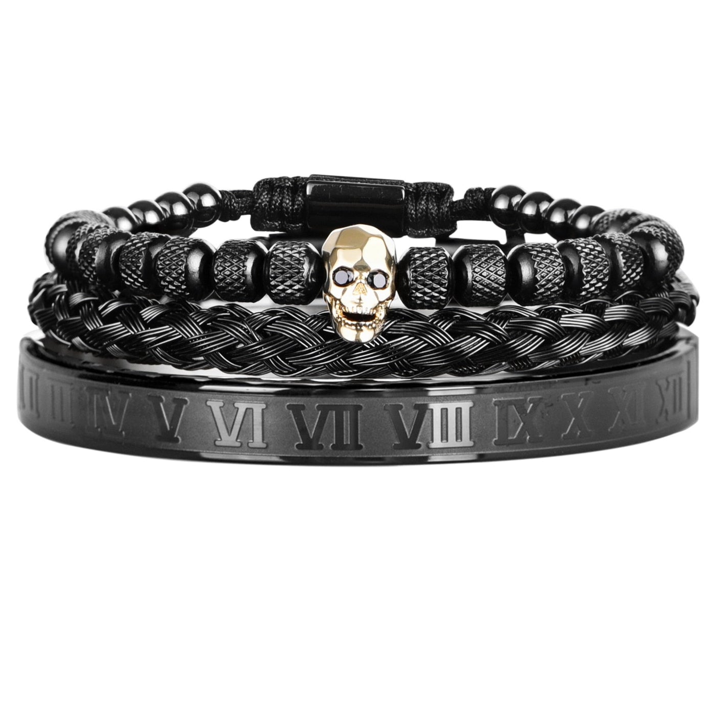 Kit 3 Pulseiras Royal Skull 0 Blueen Store Preto e Caveira Dourada 
