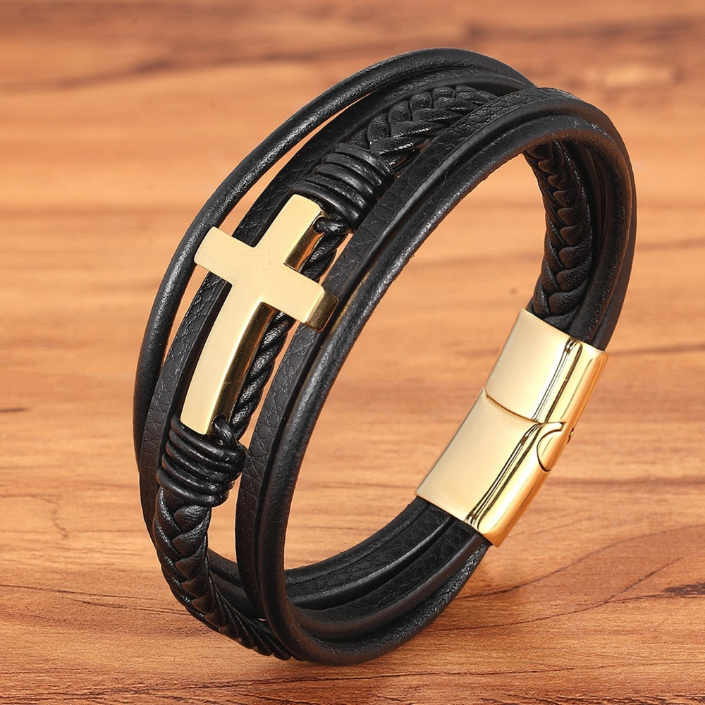 Pulseira Leather Cruz 0 Blueen Store Dourado 19cm 