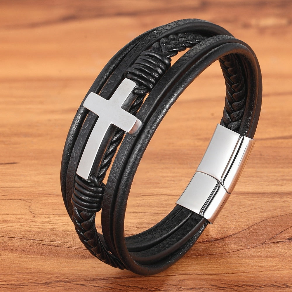 Pulseira Leather Cruz 0 Blueen Store Prata 19cm 