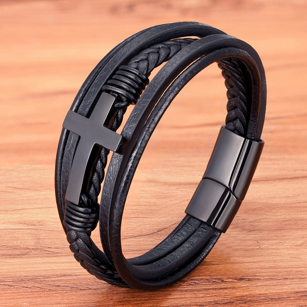 Pulseira Leather Cruz 0 Blueen Store Preto 19cm 